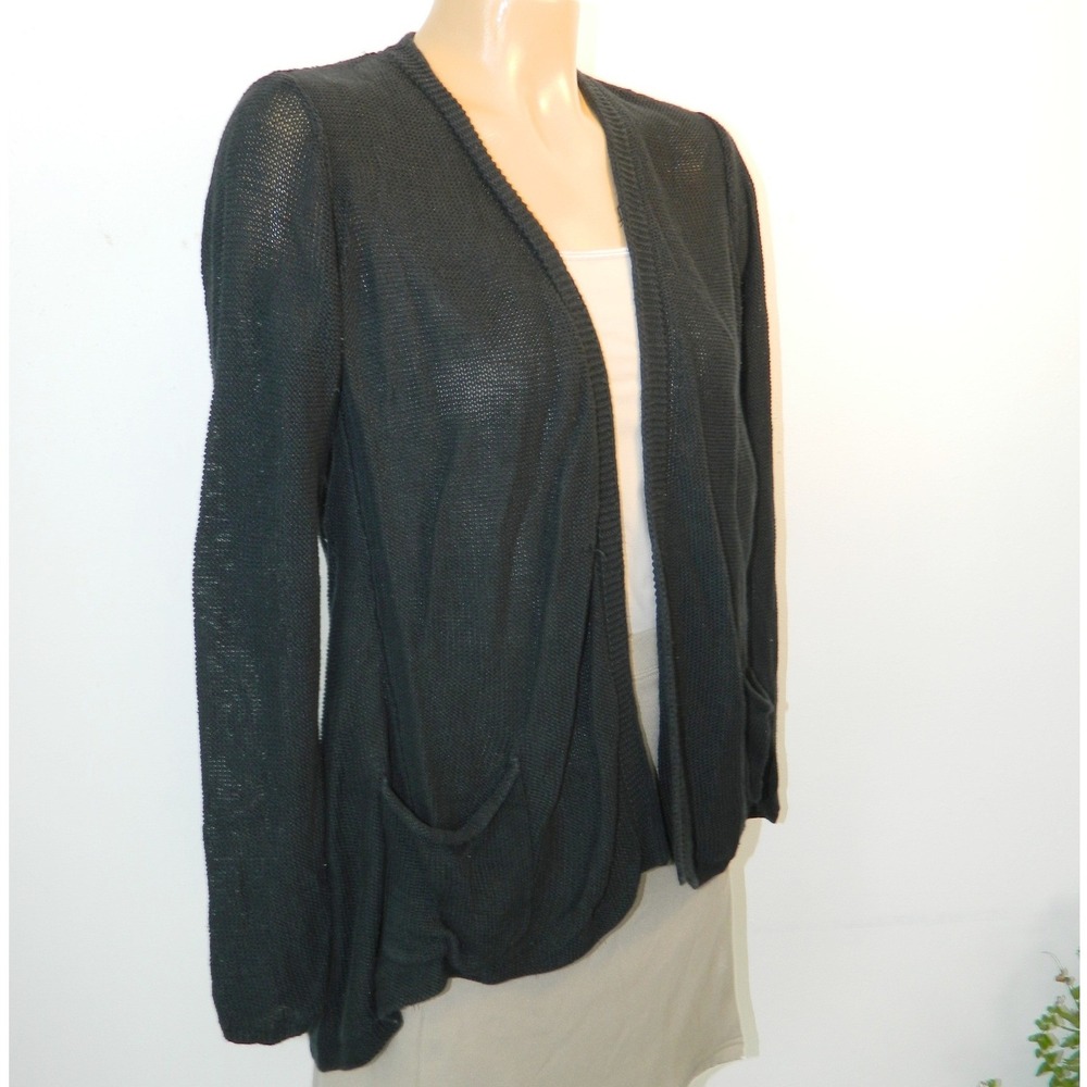 J. Jill Cardigan Women XS Black Linen Blend Open Front Pocket Light Sweater
